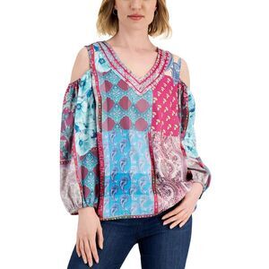 JM Collection Womens Paisley-Print Cold-Shoulder Top
